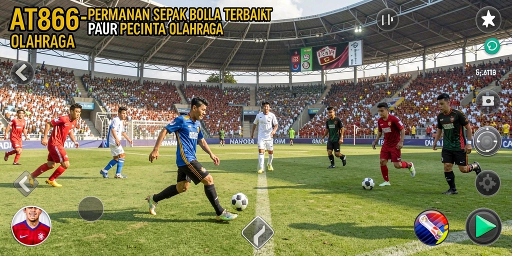 Screenshot gameplay AT866 menampilkan aksi seru di lapangan sepak bola.