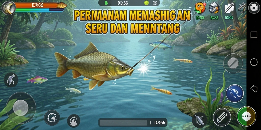 Screenshot gameplay IDX66 dengan aksi memancing yang seru dan grafik yang menawan.