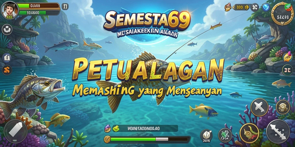 Tampilan gameplay menampilkan aksi memancing yang mendebarkan di lokasi indah.
