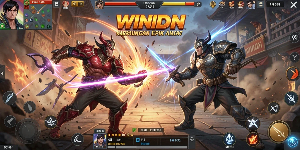 Tampilan gameplay WINIDN dengan pertarungan intens antara karakter.