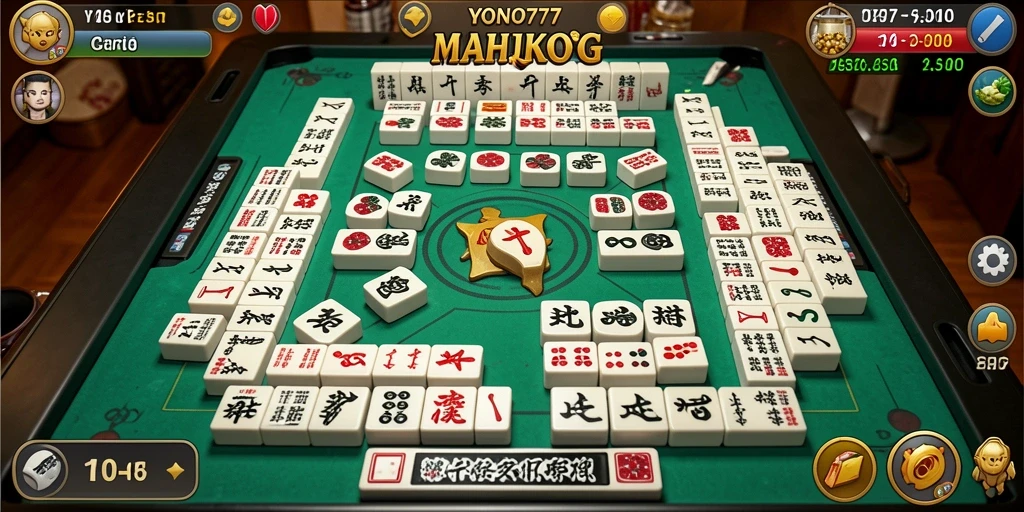 Tampilan gameplay YONO777 menampilkan ubin Mahjong yang berwarna-warni dan menarik.